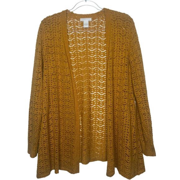 DESIGN HISTORY Crochet Knit Cardigan Sweater Open Front Draped Yellow Womens L - Picture 1 of 6